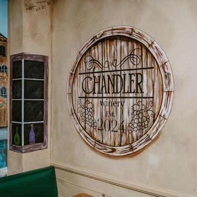 Chandler Winery barrel mural on a wall.