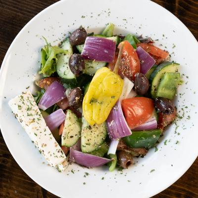 The Greek salad, top view.