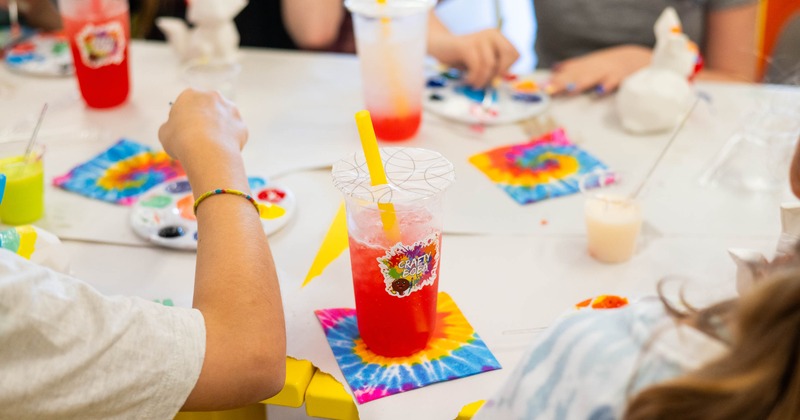 Interior, colorful tables and chairs