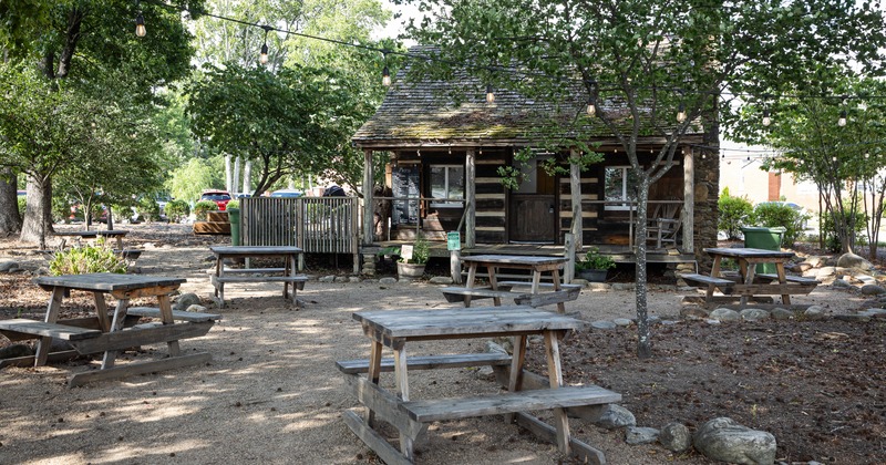 Outdoor seating area with picnic tables