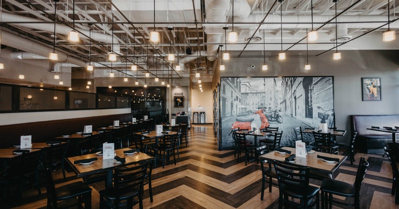 Interior, zigzag wood flooring, black chairs, and pendant lighting, wall mural