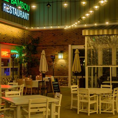 The outdoor patio in the evening.