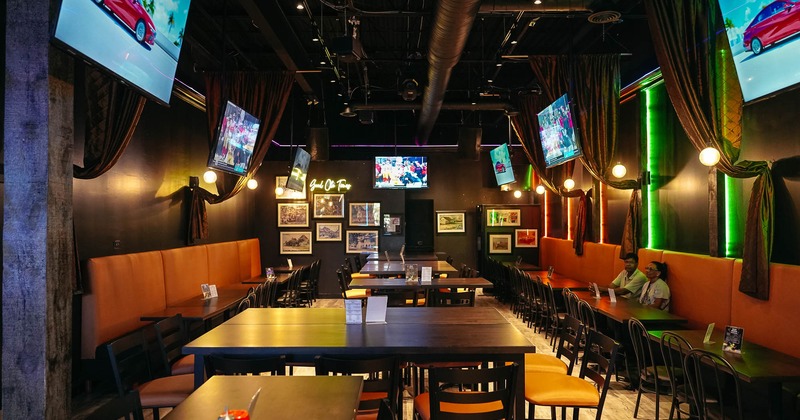 Interior, spacious seating area with pictures on the wall