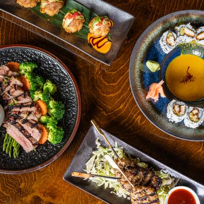 Assorted dishes, top view.