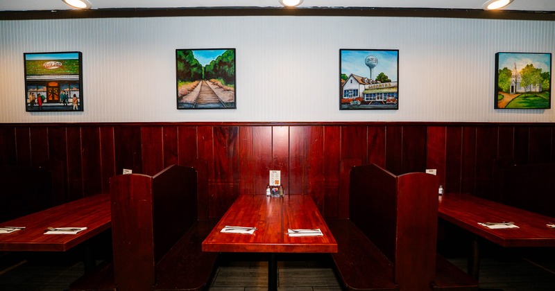 Interior, restaurant booths in dining area