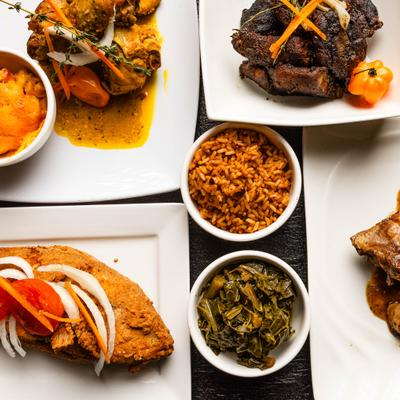 Overhead view of the various dishes and sides served on the table.