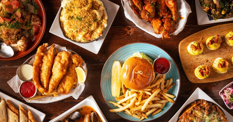 Various dishes served on the table, overhead view
