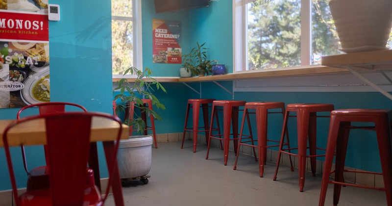 Interior, seating area near the wall with bar stools