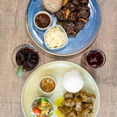 A top view of served food and drinks.