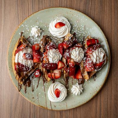 Strawberry Nutella waffle, top view.