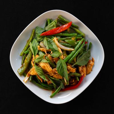 Spicy Thai stir fry with green beans and chicken.