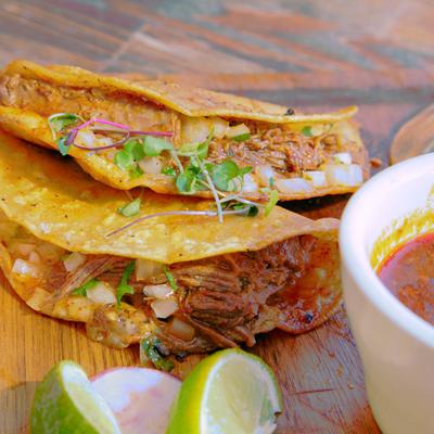 Beef birria tacos, with onion, cilantro, and birria sauce.