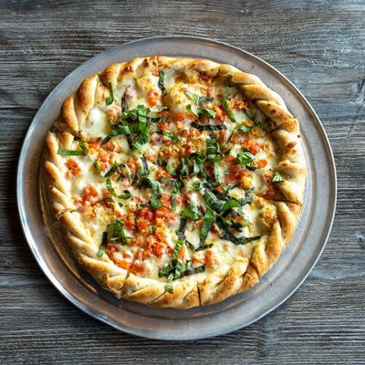 Margherita pizza, top view.