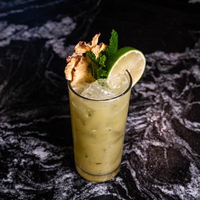 A refreshing cocktail garnished with a lime wheel, fresh mint sprig, and ginger.