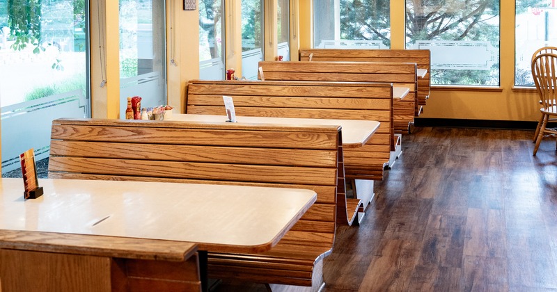 Interior, tables, benches