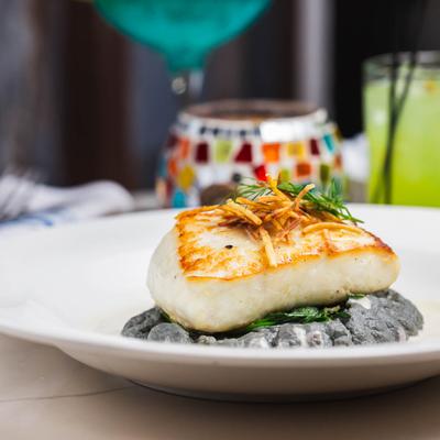 Pan seared halibut dish plate.