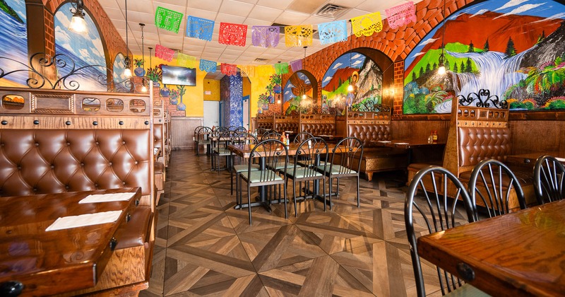 Interior, restaurant booths near wall