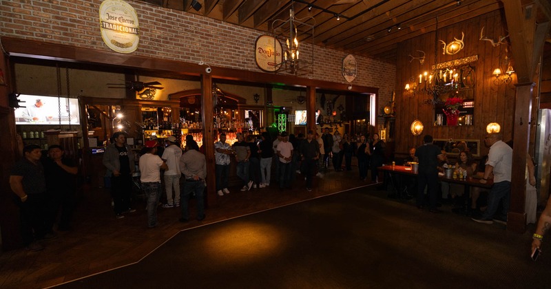 Interior, a crowd of people standing near the bar area