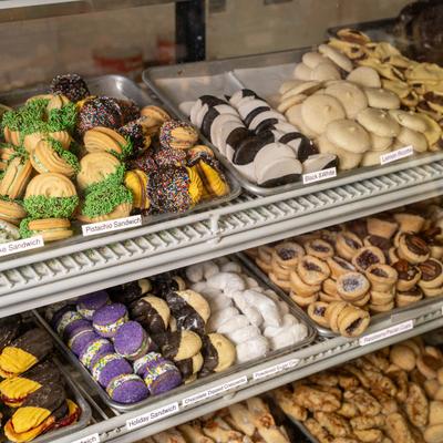 Assorted colorful cookies on display.