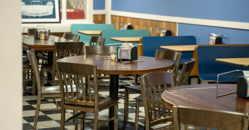 Interior, tables, chairs and booths