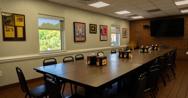 Interior seating area with a group table and chairs