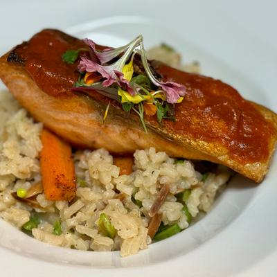 Scottish salmon, almond risotto, snap peas, romesco sauce.