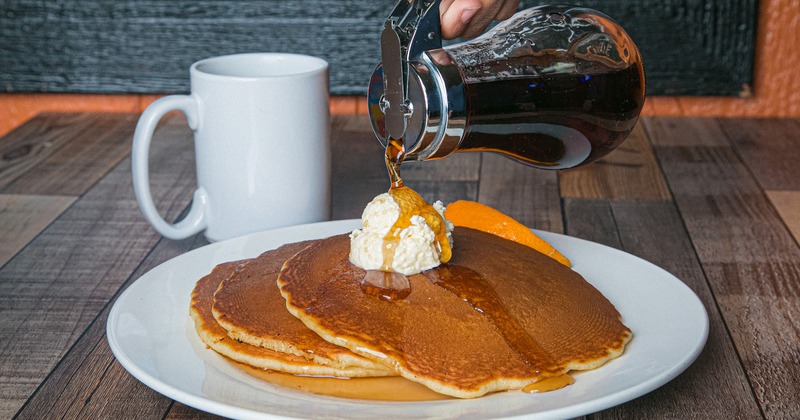 Pancakes, with butter, and maple syrup