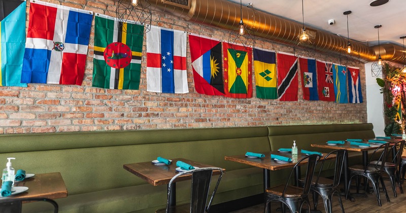 Interior, seating area, various flags on the wall