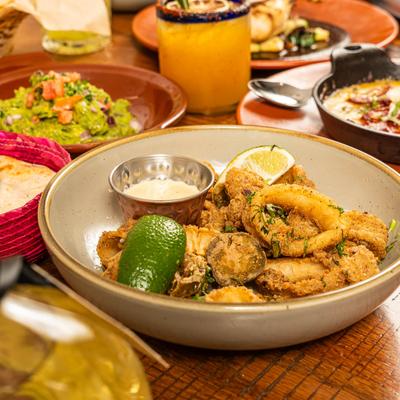 Calamari plate with food assortment.