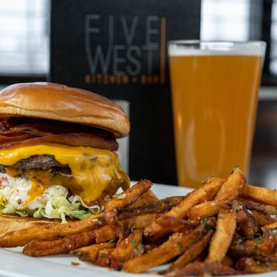 Loop Burger and fries with a glass of beer.