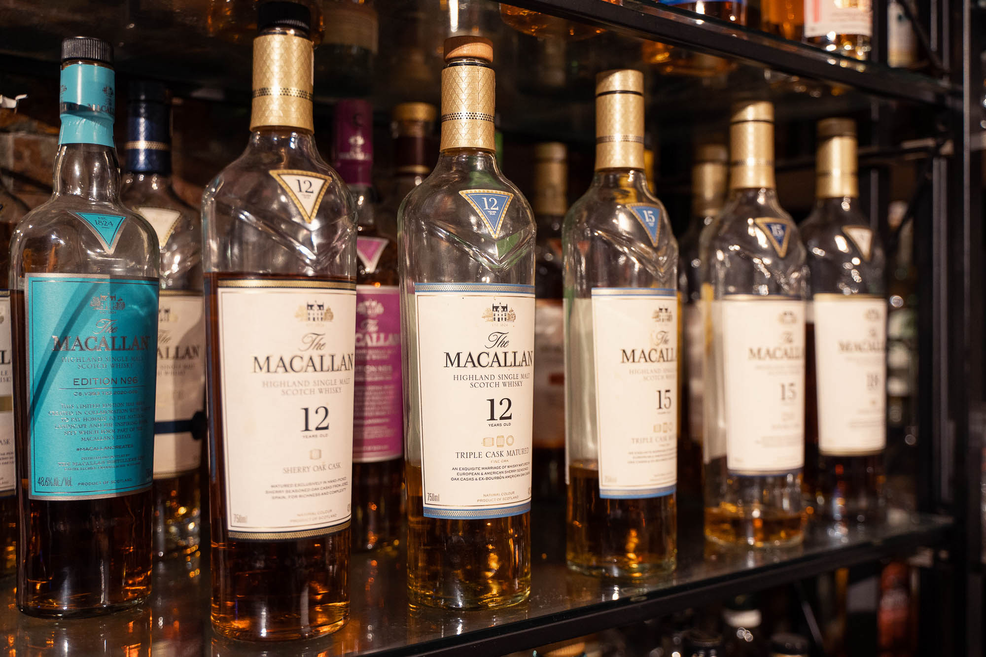 Interior, Scotch whisky bottles on a shelf