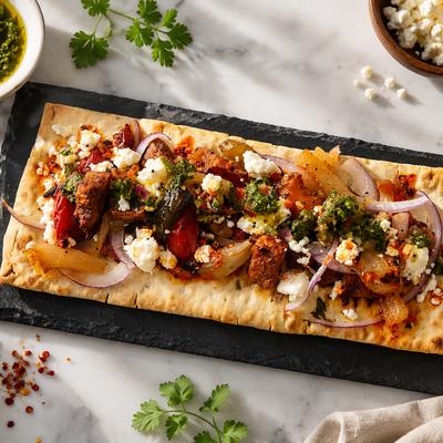 Flatbread with veggies and cheese.