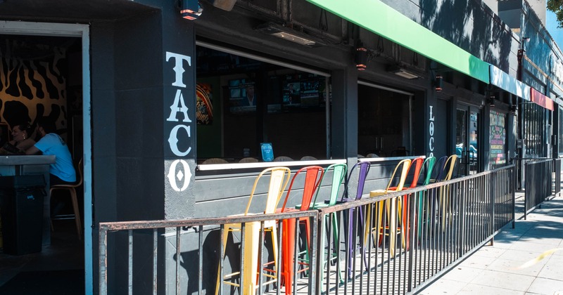Taco Loco outdoor seating with colorful stools