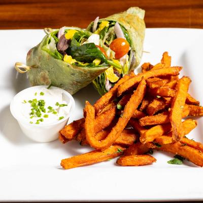 Veggie wrap and sweet potato fries.