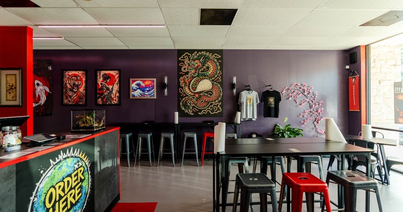 Interior, tall tables and metal bar stools