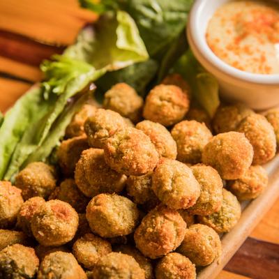 Fried olives plate, closeup