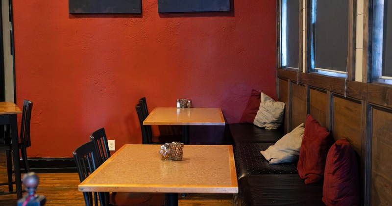 High back benches and tables and chairs