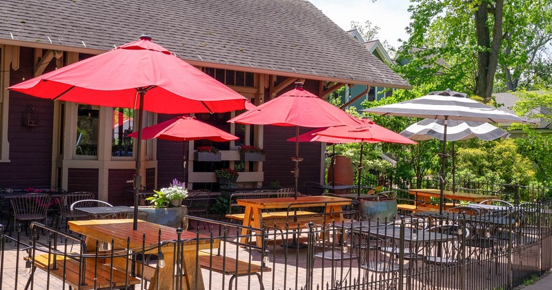Exterior, wide view of patio seating area