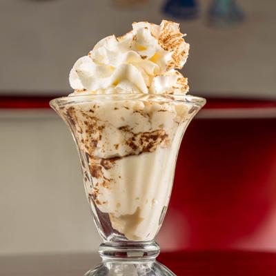 Rice Pudding served in a ribbed glass and topped witr whipped cream.