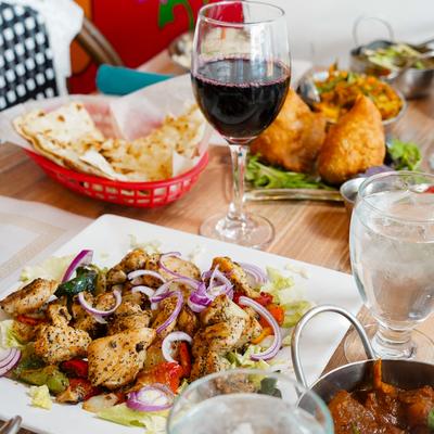 Assorted dishes and wine.