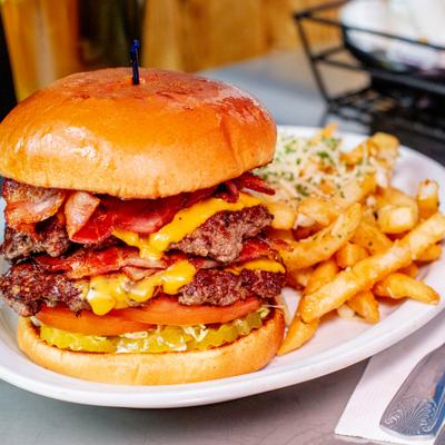 Triple double burger served with truffle fries.