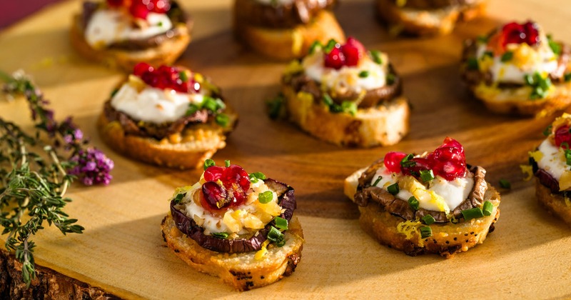 Grilled Eggplant, Burrata, Walnut Pomegranate Relish