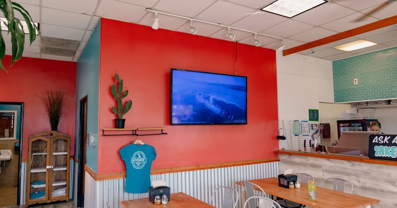Interior, details in the seating area, TV, merchandise t-shirts and plant pots