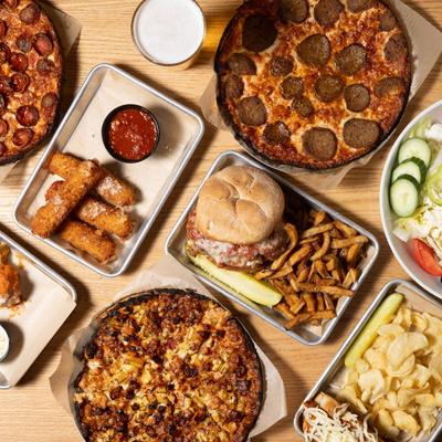 Assorted food plates, top view.