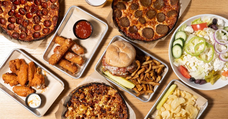 Assorted food plates, top view