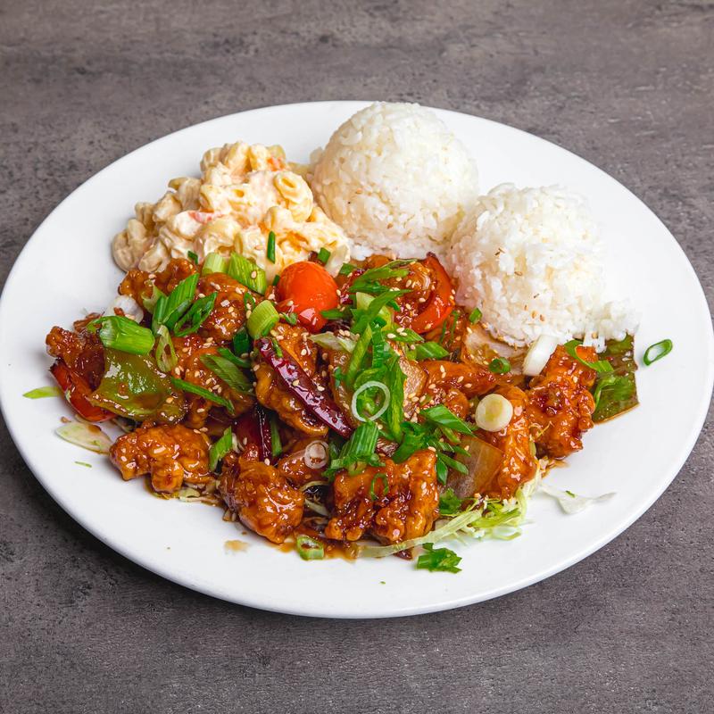 menu item 49 of 111, Plumeria Orange Chicken Plate Lunch