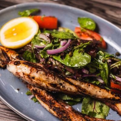 Grilled octopus on a bed of greens with red onions, tomatoes, and capers.