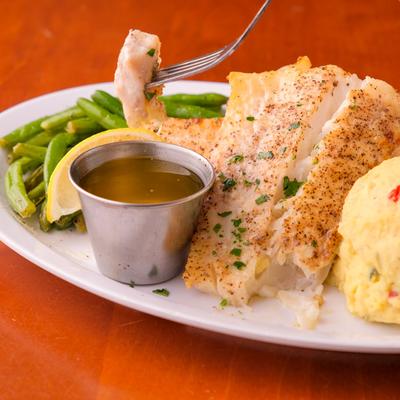 Sea food, two dips and green salad on the side