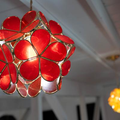 Interior, Flower Petal Lampshades hanging from the ceiling.