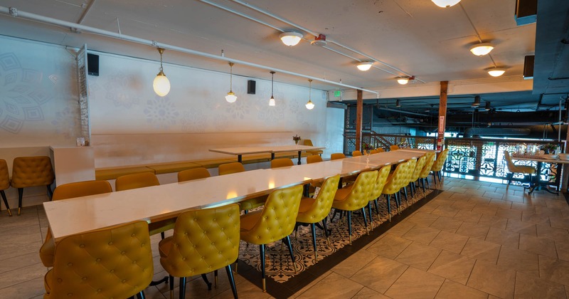 Interior, private room, long table setup with chairs, upstairs